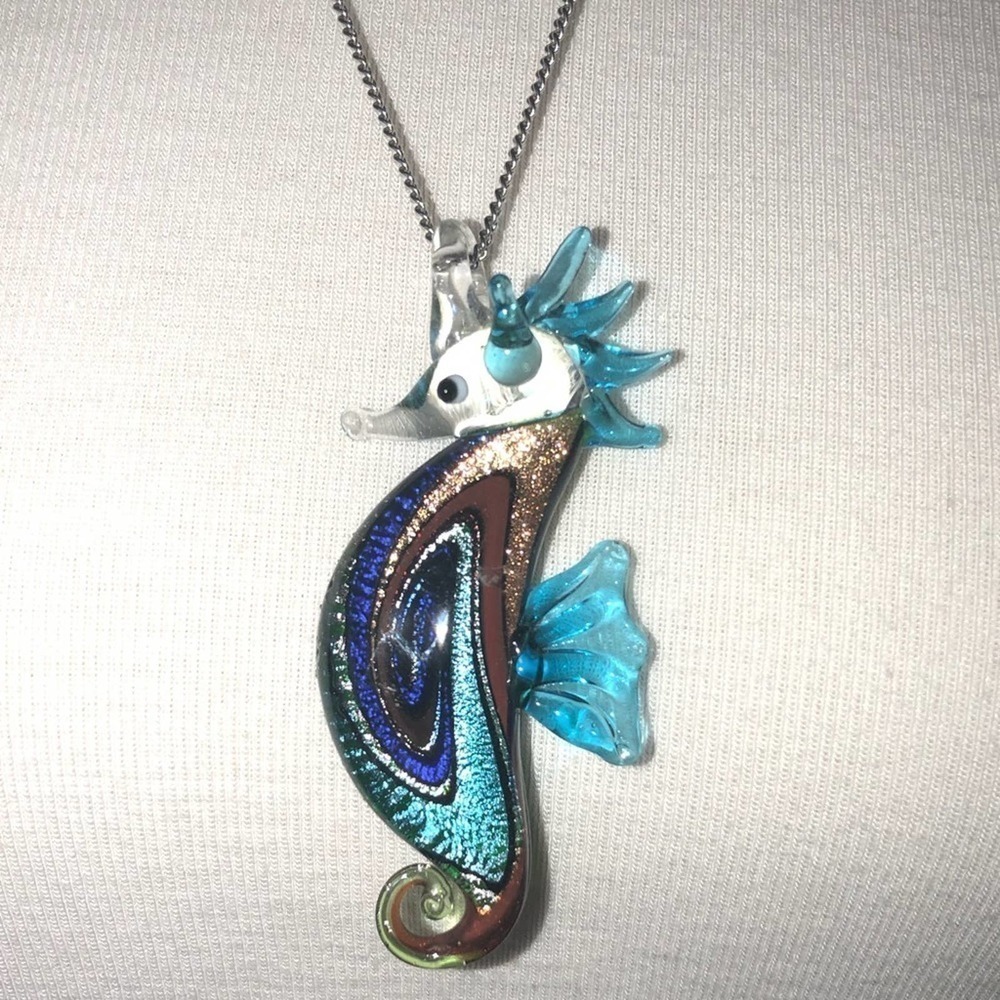 Seahorse Handmade Glass Pendant Necklace Blue
